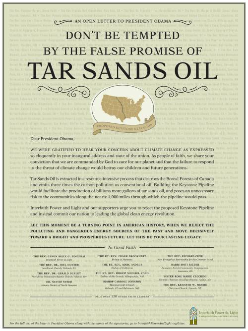Over 150 clergy from diverse faith traditions and regions have signed a letter to President Obama urging him to reject the Keystone XL oil pipeline on moral grounds.